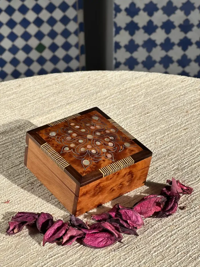 Unique Hand-Carved Thuya Wood Box from Moroccan Bazaar: Decorative Art Organizer, Versatile Wooden Jewelry Box, Antique