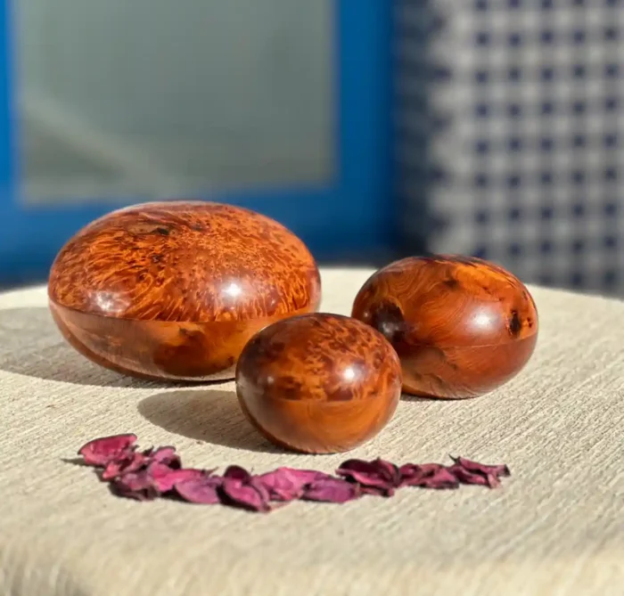 Three Handmade Thuya Burl Wood Boxes, Moroccan Pebble Boxes, Best Gifts, Jewelry Boxes, Trinket Boxes
