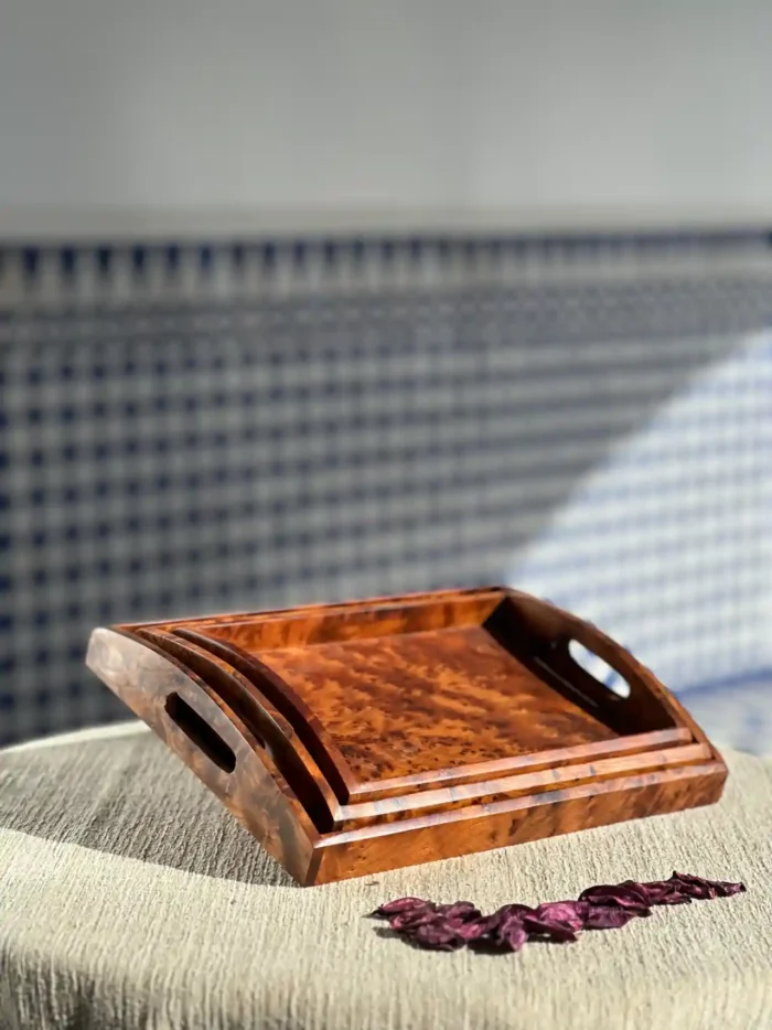 Set of 3 Thuya Burl Veneer Trays - Handmade Decorative Trays in Thuya Burl
