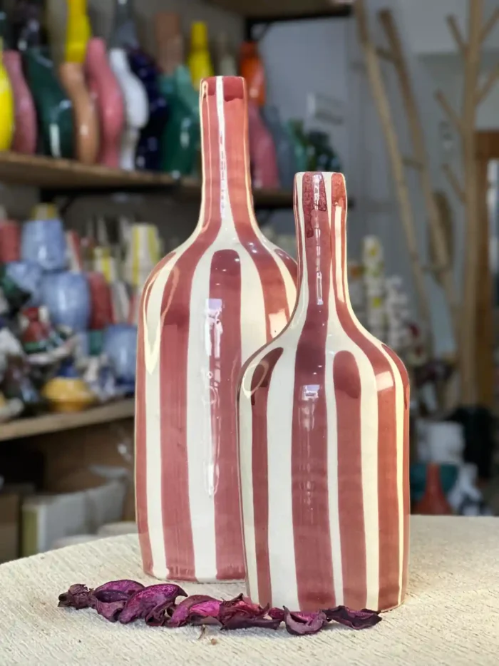 Set of Two Handcrafted Ceramic Vases with Stripes
